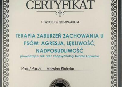 certyfikat udziału w seminarium pt. "terapia zaburzeń zachowania u psów: agresja, lękliwość, nadpobudliwość" prowadzonego przez polską akademię zoopsychologii i animaloterapii oraz polską akademię trenerów i instruktorów sportu green way