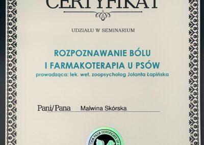 certyfikat udziału w seminarium pt. "rozpoznawanie bólu i farkamoterapia u psów" prowadzonego przez polską akademię zoopsychologii i animaloterapii oraz polską akademię trenerów i instruktorów sportu green way