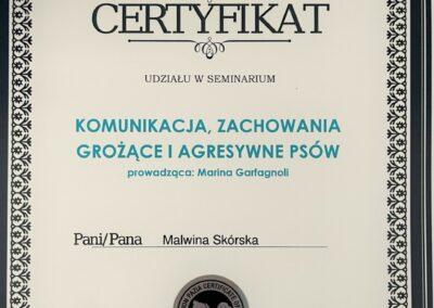 certyfikat udziału w seminarium pt. "komunikacja, zachowania grożące i agresywne psów" prowadzonego przez polską akademię zoopsychologii i animaloterapii oraz polską akademię trenerów i instruktorów sportu