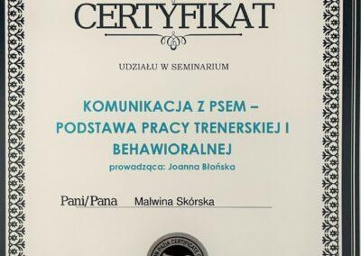 certyfikat udziału w seminarium pod tytułem "komunikacja z psem - podstawa pracy trenerskiej i behawioralnej" prowadzonego przez Polską akademię trenerów i instruktorów sportu green way oraz polską akademię zoopsychologii i animaloterapii