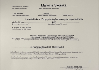 zaświadczenie o ukończeniu kursu i uzyskania tytułu zoopsychologa/behawiorysty specjalizacja psy, prowadzonego prze placówkę kształcenia ustawicznego "polska akademia trenerów i instruktorów sportu green way"